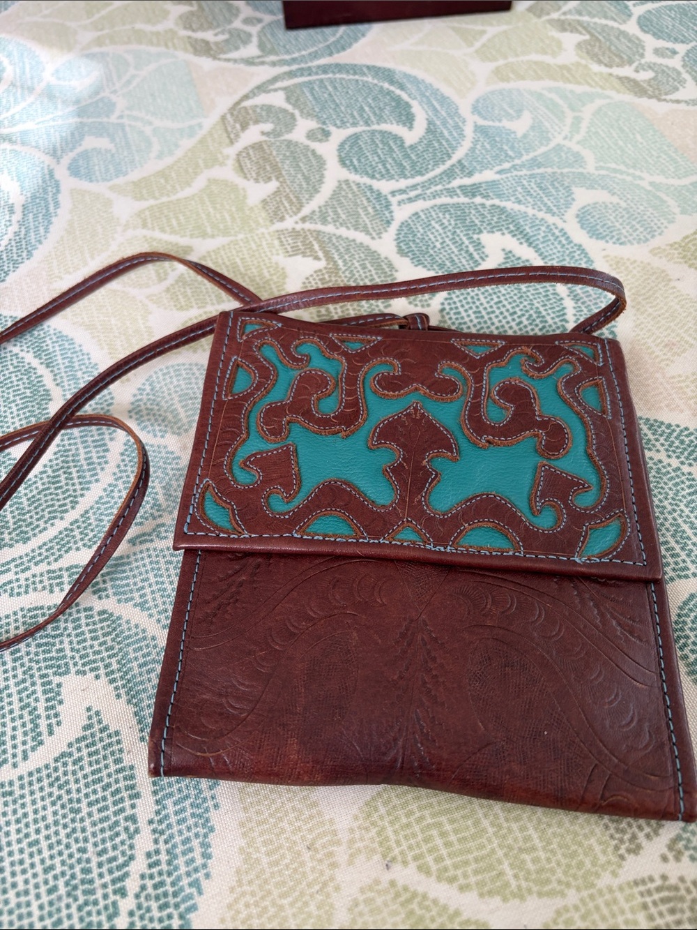 Brown and Teal Leather Crossbody Bag - Handcrafted Women’s Shoulder Bag